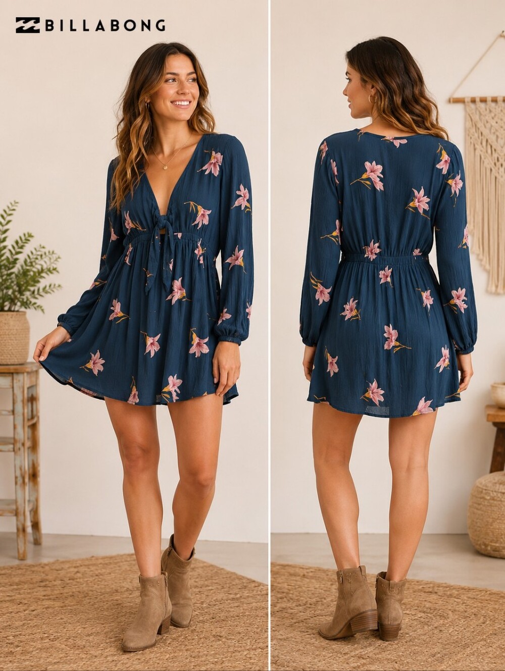 Billabong Dress Small Teal Floral Long Sleeve Tie Front Boho Mini Size Small